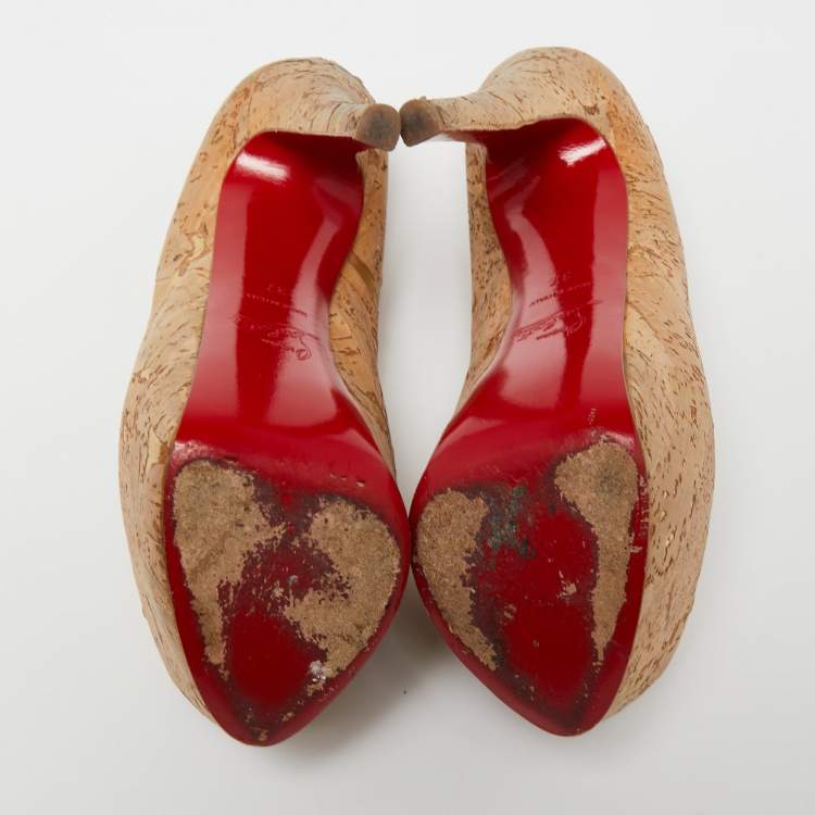 Pre Owned Christian Louboutin Beige Cork Highness Peep-Toe Pumps Size 37