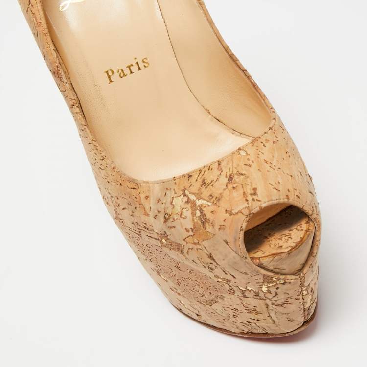 Pre Owned Christian Louboutin Beige Cork Highness Peep-Toe Pumps Size 37