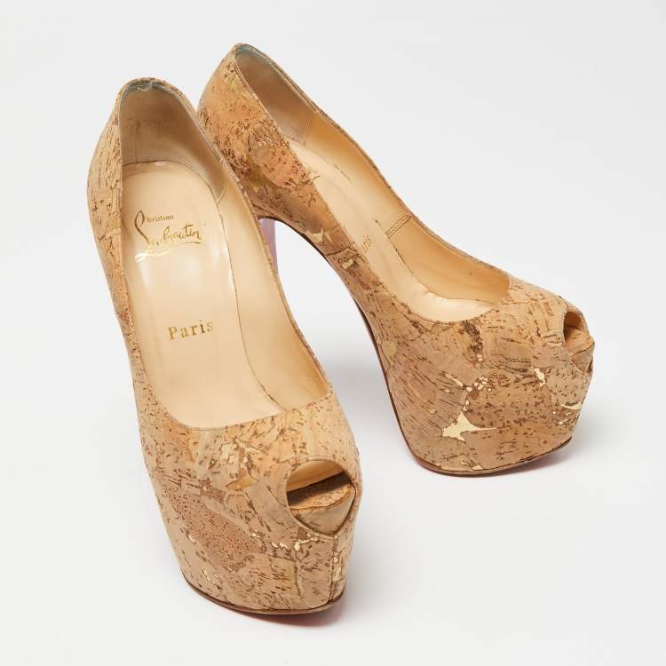 Pre Owned Christian Louboutin Beige Cork Highness Peep-Toe Pumps Size 37