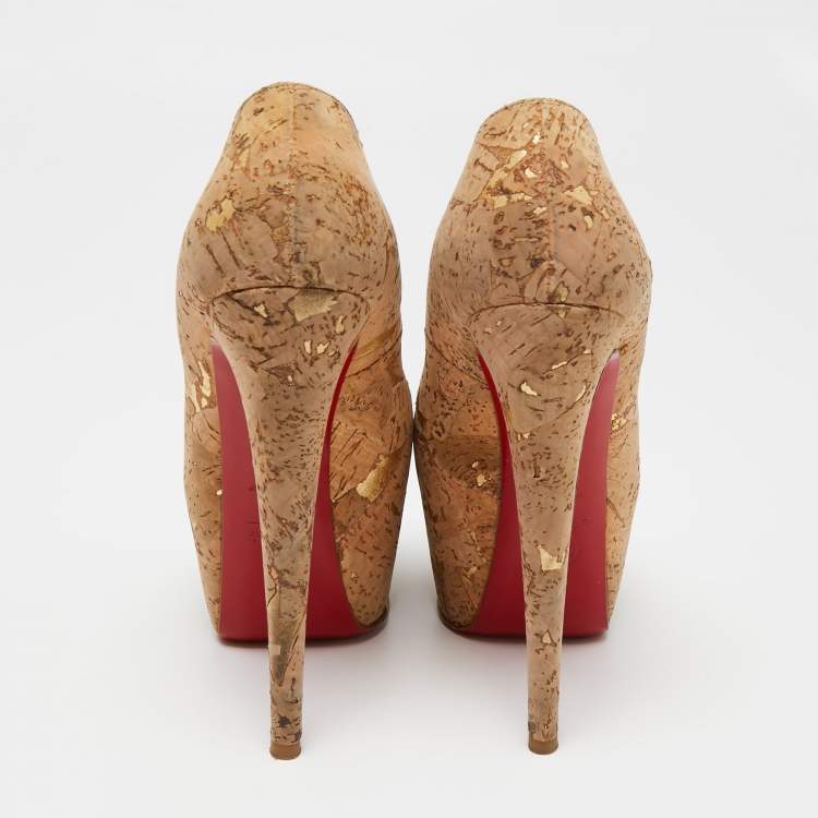 Pre Owned Christian Louboutin Beige Cork Highness Peep-Toe Pumps Size 37