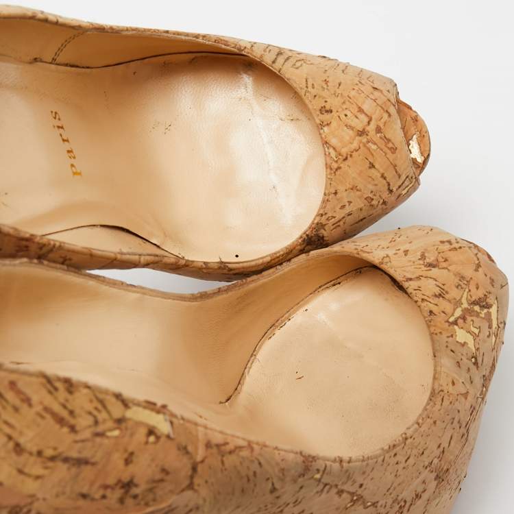 Pre Owned Christian Louboutin Beige Cork Highness Peep-Toe Pumps Size 37