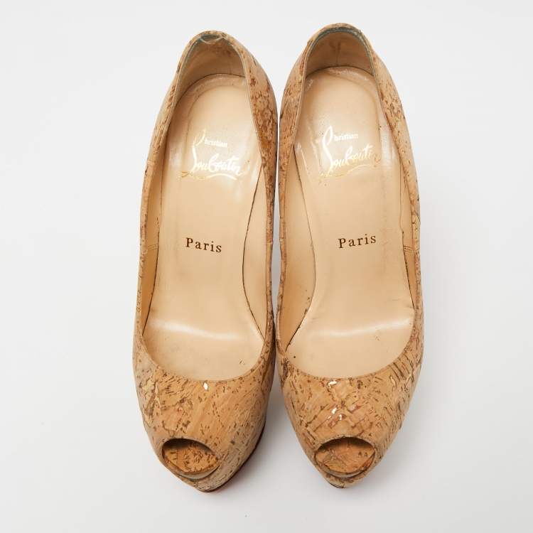 Pre Owned Christian Louboutin Beige Cork Highness Peep-Toe Pumps Size 37
