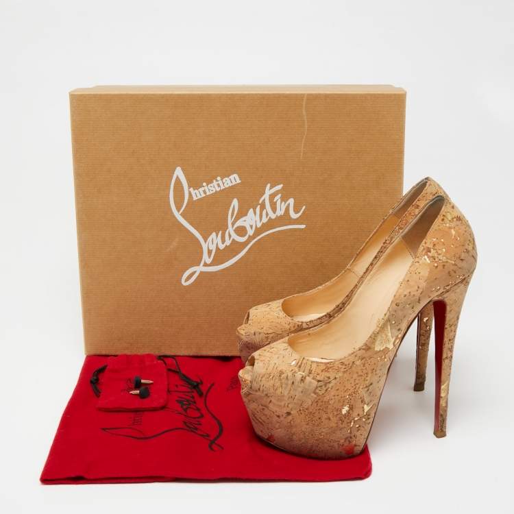 Pre Owned Christian Louboutin Beige Cork Highness Peep-Toe Pumps Size 37