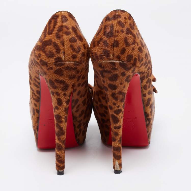 Pre Owned Christian Louboutin Brown/Tan Leopard Print Calf Hair Bow Lady Peep-Toe Platform Pumps Size 37