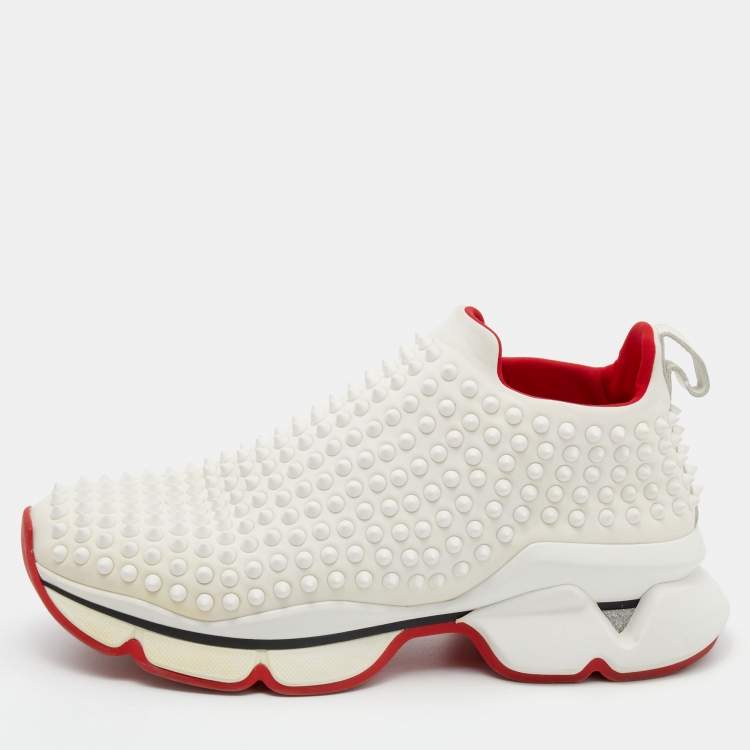 Pre Owned Christian Louboutin White Stretch Fabric Spike Sock Slip On Platform Sneakers Size 40