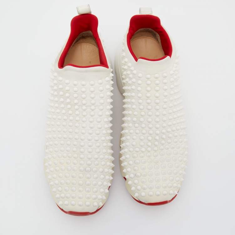 Pre Owned Christian Louboutin White Stretch Fabric Spike Sock Slip On Platform Sneakers Size 40