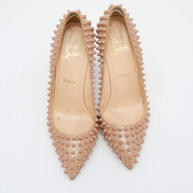 Pre Owned Christian Louboutin Beige Patent Leather Pigalle Spikes Pumps Size 38.5