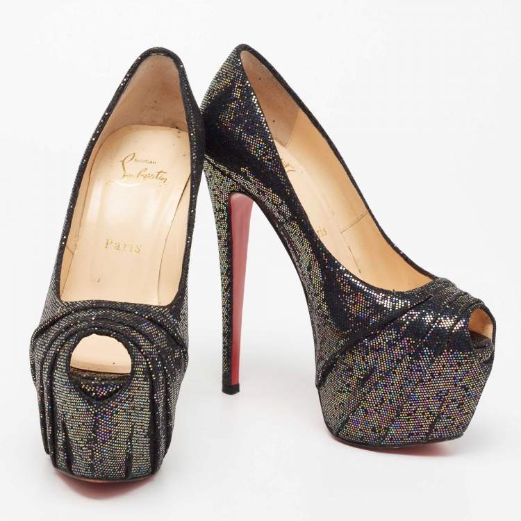Pre Owned Christian Louboutin Multicolor Glitter Fabric Drapesse Spotlight Peep-Toe Pumps Size 37