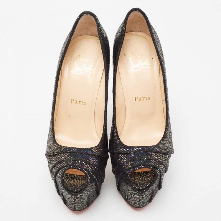 Pre Owned Christian Louboutin Multicolor Glitter Fabric Drapesse Spotlight Peep-Toe Pumps Size 37