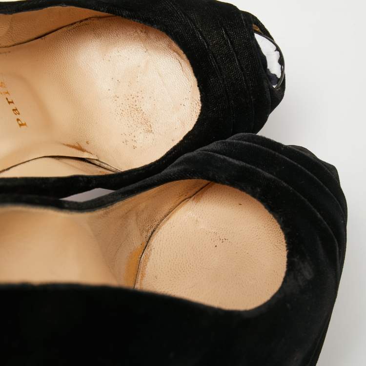 Pre Owned Christian Louboutin Black Velvet Drapesse Peep-Toe Platform Pumps Size 36