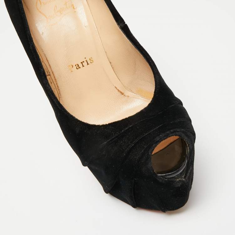 Pre Owned Christian Louboutin Black Velvet Drapesse Peep-Toe Platform Pumps Size 36