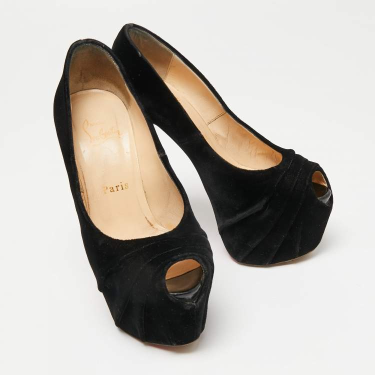 Pre Owned Christian Louboutin Black Velvet Drapesse Peep-Toe Platform Pumps Size 36