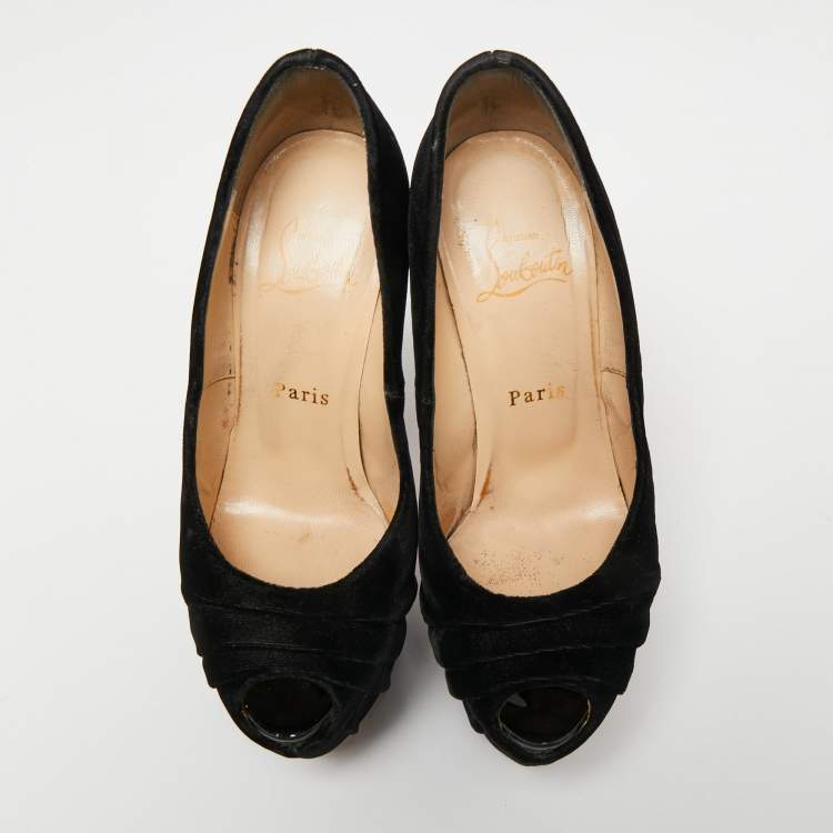 Pre Owned Christian Louboutin Black Velvet Drapesse Peep-Toe Platform Pumps Size 36