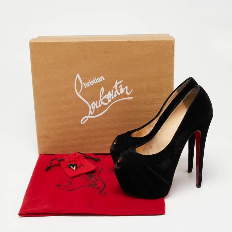 Pre Owned Christian Louboutin Black Velvet Drapesse Peep-Toe Platform Pumps Size 36