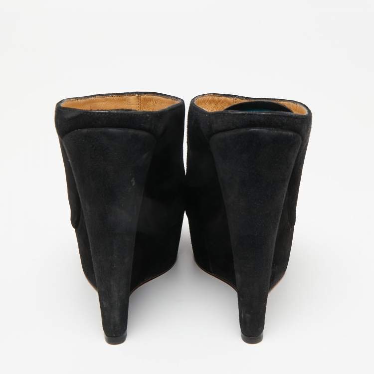 Pre Owned Christian Louboutin Black Suede Affiche Peep-Toe Wedge Slide Sandals Size 36
