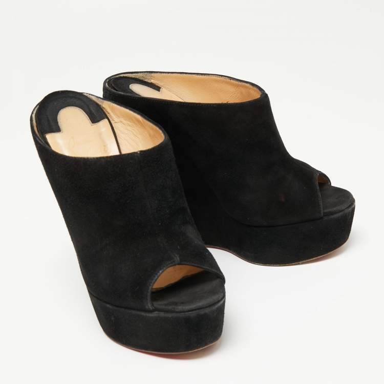 Pre Owned Christian Louboutin Black Suede Affiche Peep-Toe Wedge Slide Sandals Size 36