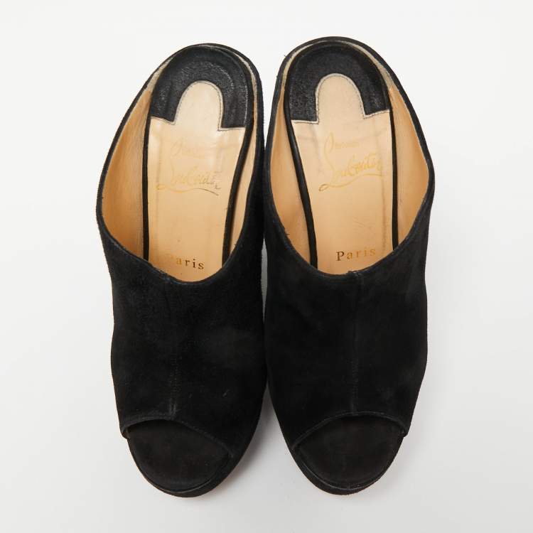 Pre Owned Christian Louboutin Black Suede Affiche Peep-Toe Wedge Slide Sandals Size 36
