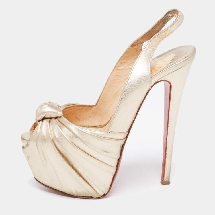 Pre Owned Christian Louboutin Gold Leather Miss Benin Knotted Platform Slingback Sandals Size 36.5