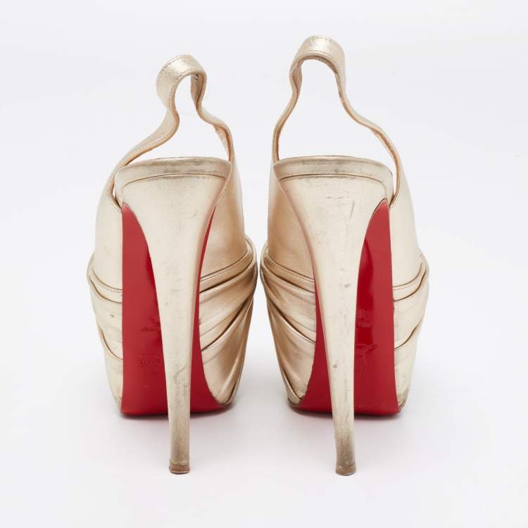 Pre Owned Christian Louboutin Gold Leather Miss Benin Knotted Platform Slingback Sandals Size 36.5