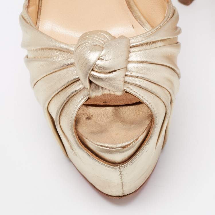 Pre Owned Christian Louboutin Gold Leather Miss Benin Knotted Platform Slingback Sandals Size 36.5