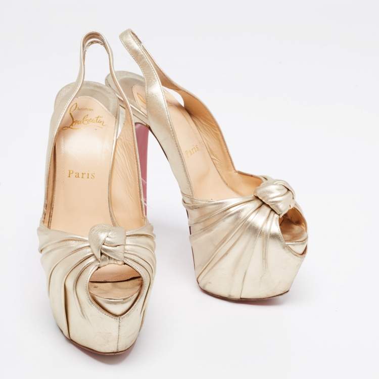 Pre Owned Christian Louboutin Gold Leather Miss Benin Knotted Platform Slingback Sandals Size 36.5