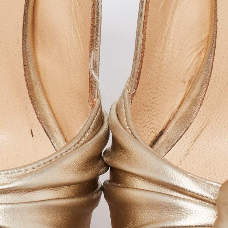Pre Owned Christian Louboutin Gold Leather Miss Benin Knotted Platform Slingback Sandals Size 36.5