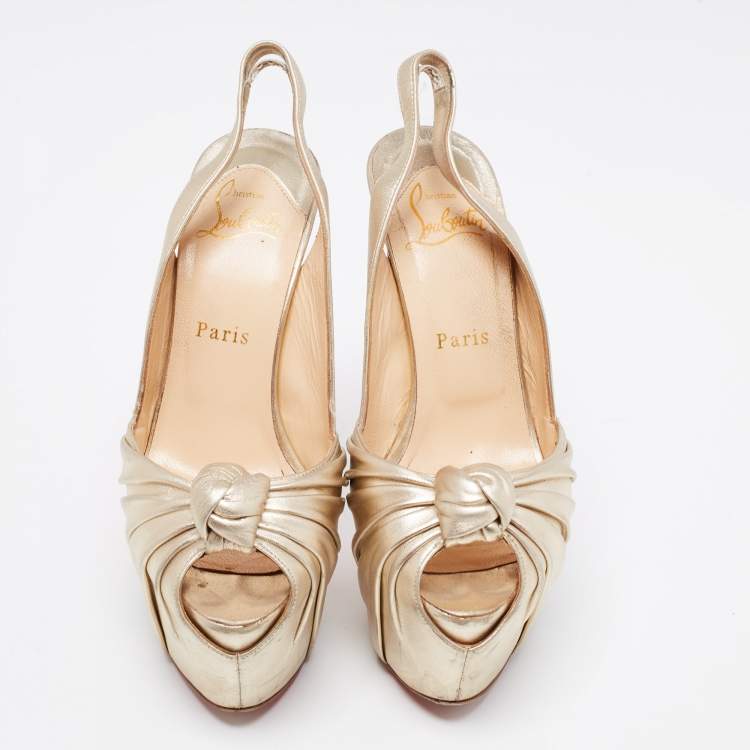 Pre Owned Christian Louboutin Gold Leather Miss Benin Knotted Platform Slingback Sandals Size 36.5