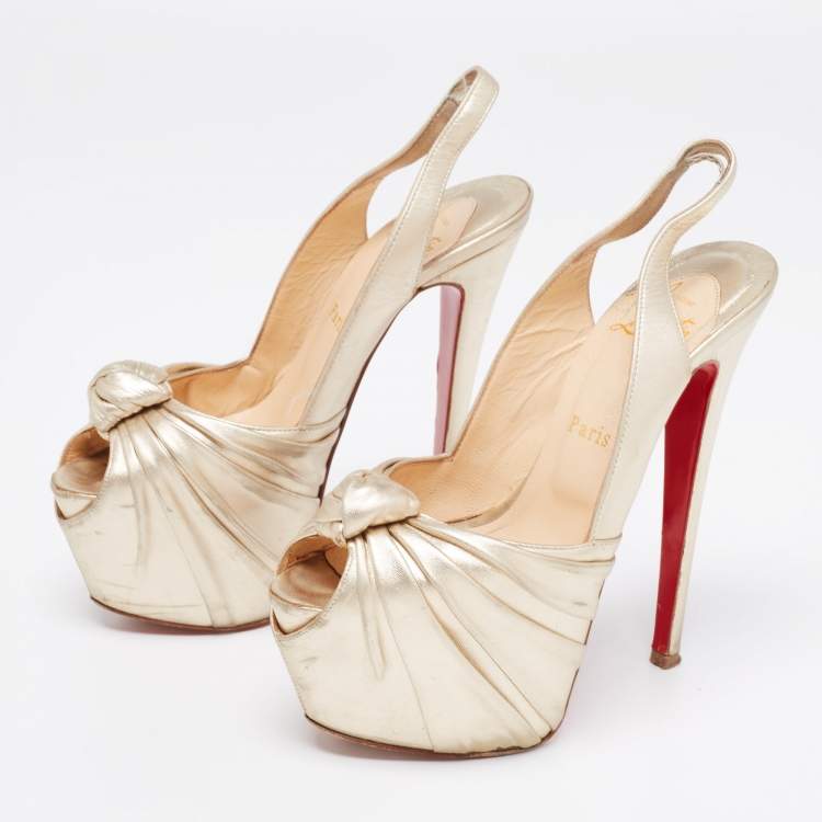 Pre Owned Christian Louboutin Gold Leather Miss Benin Knotted Platform Slingback Sandals Size 36.5