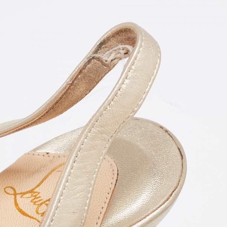 Pre Owned Christian Louboutin Gold Leather Miss Benin Knotted Platform Slingback Sandals Size 36.5