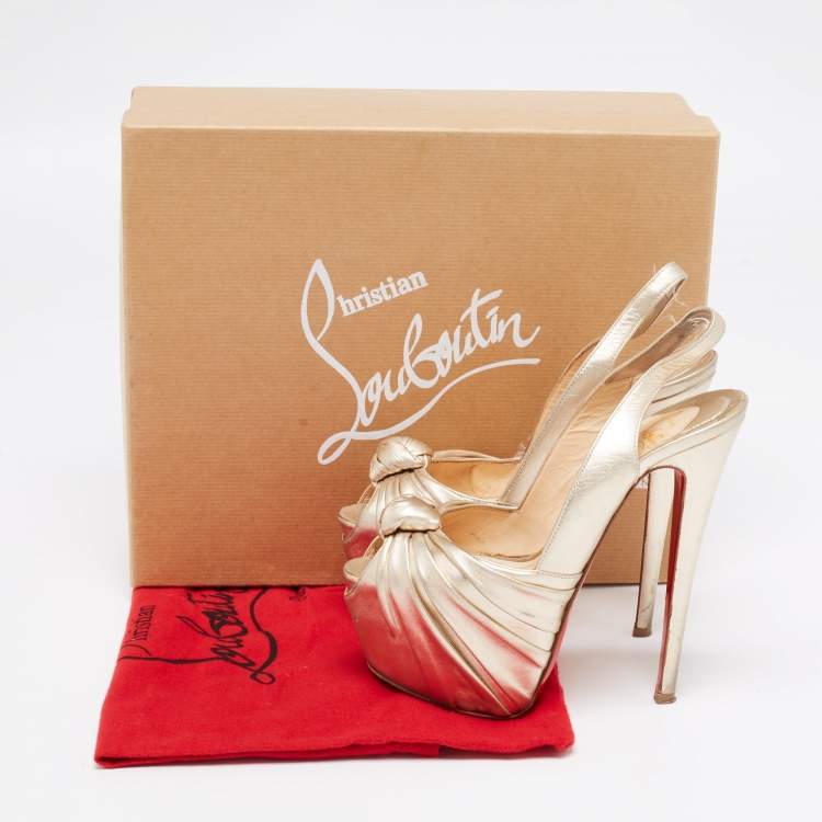 Pre Owned Christian Louboutin Gold Leather Miss Benin Knotted Platform Slingback Sandals Size 36.5