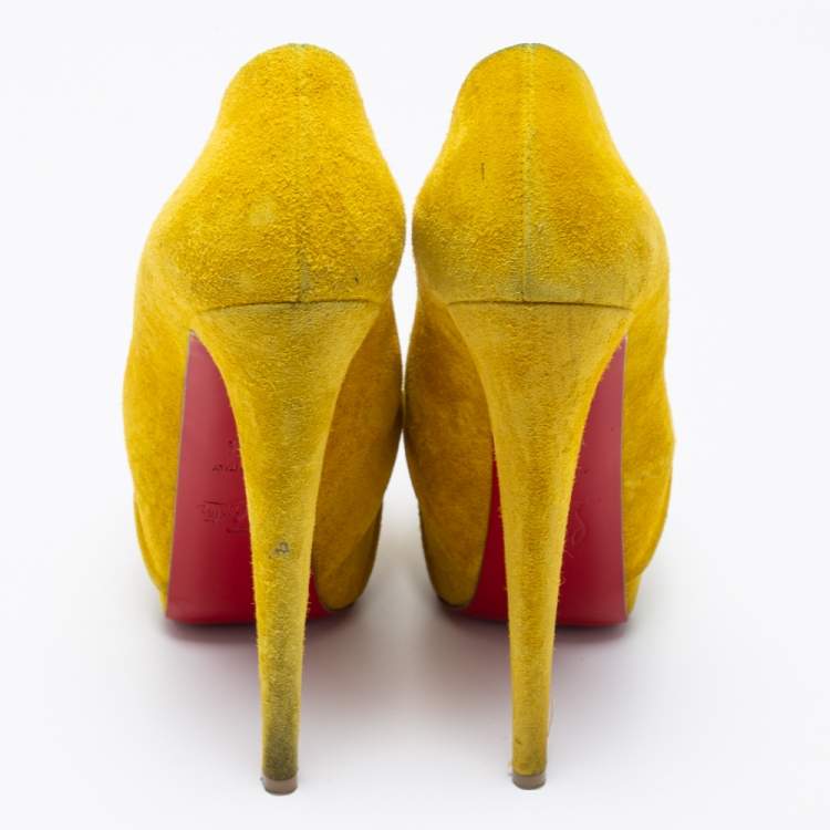 Pre Owned Christian Louboutin Yellow Suede Drapesse Peep-Toe Platform Pumps Size 36.5