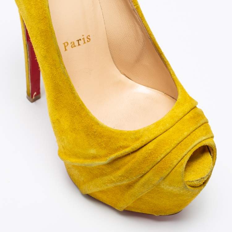 Pre Owned Christian Louboutin Yellow Suede Drapesse Peep-Toe Platform Pumps Size 36.5