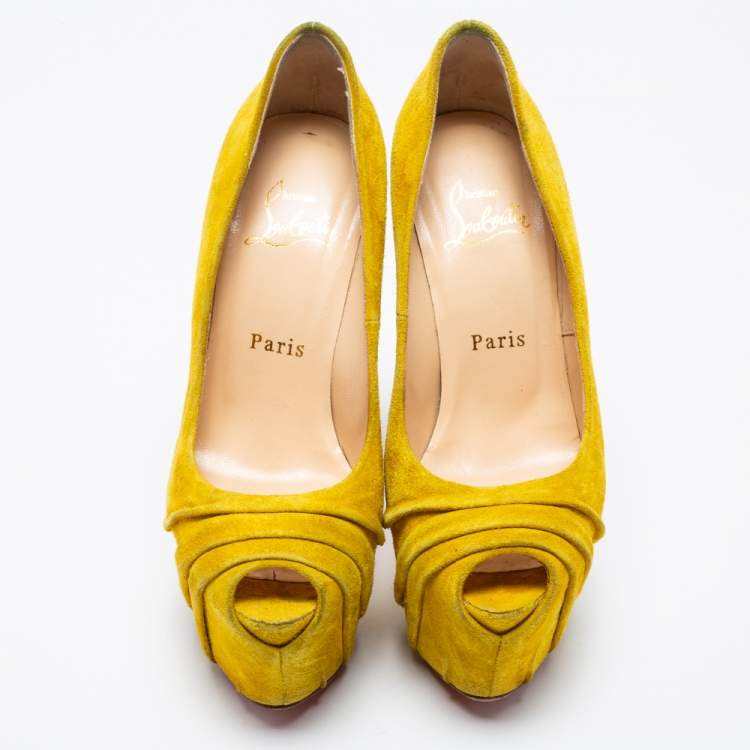 Pre Owned Christian Louboutin Yellow Suede Drapesse Peep-Toe Platform Pumps Size 36.5