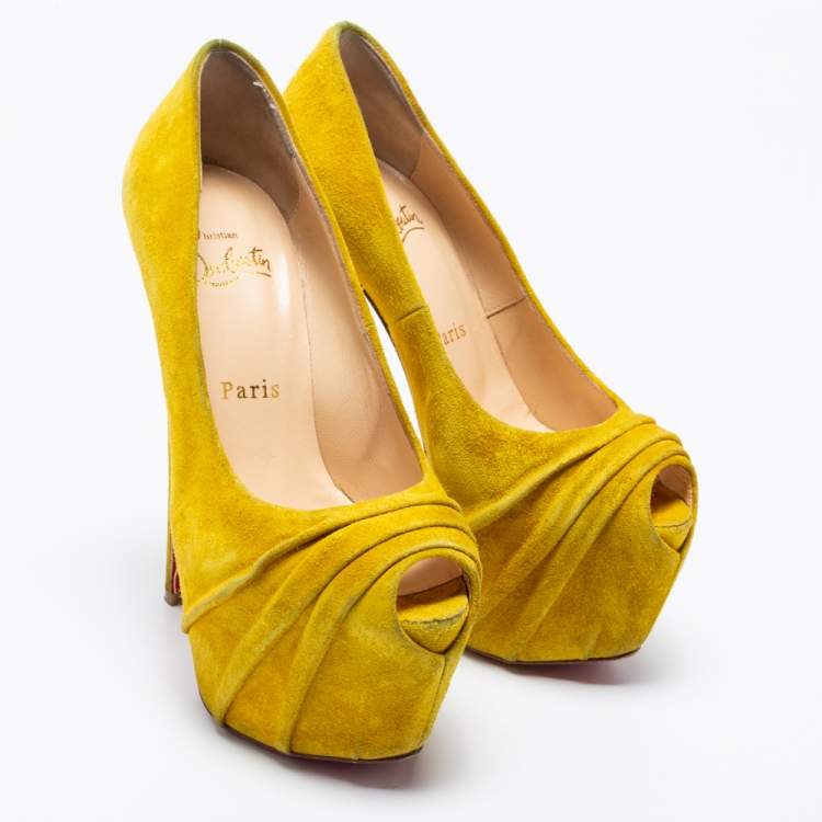 Pre Owned Christian Louboutin Yellow Suede Drapesse Peep-Toe Platform Pumps Size 36.5