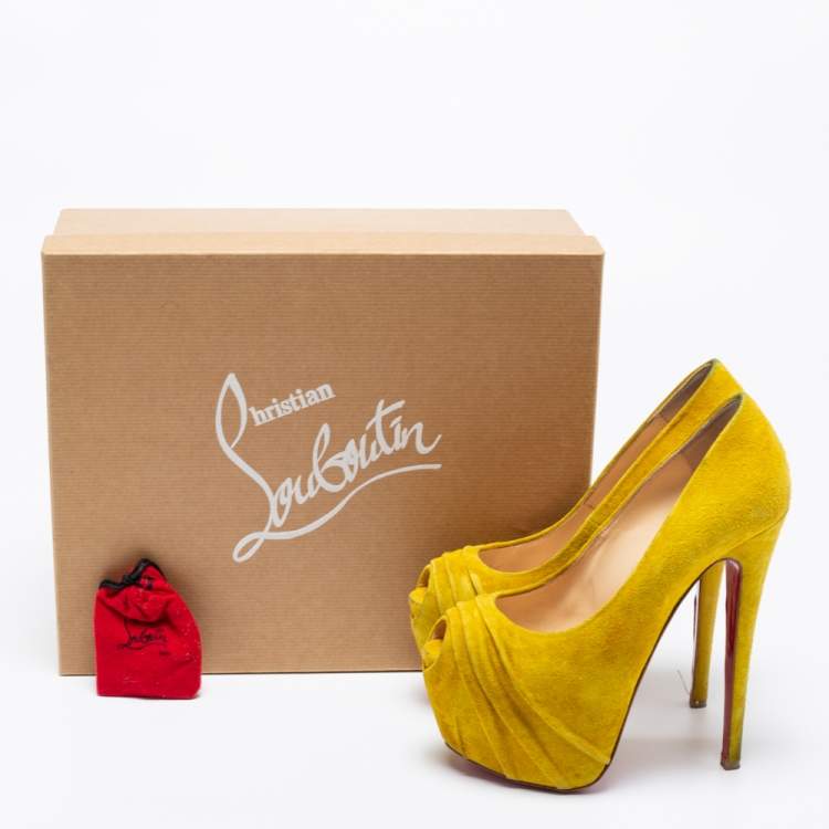 Pre Owned Christian Louboutin Yellow Suede Drapesse Peep-Toe Platform Pumps Size 36.5