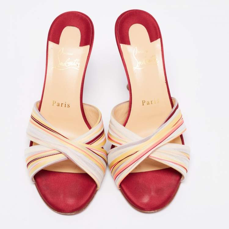 Pre Owned Christian Louboutin Multicolor Satin Nicol Stripe Slide Sandals Size 38