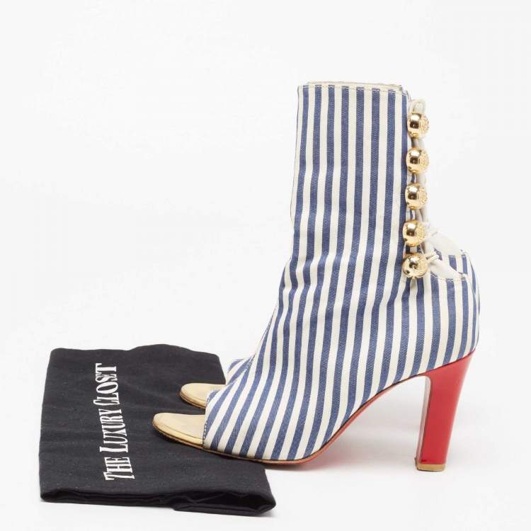 Pre Owned Christian Louboutin Blue/White Stripe Fabric and Leather Peep-Toe Ankle Boots Size 36