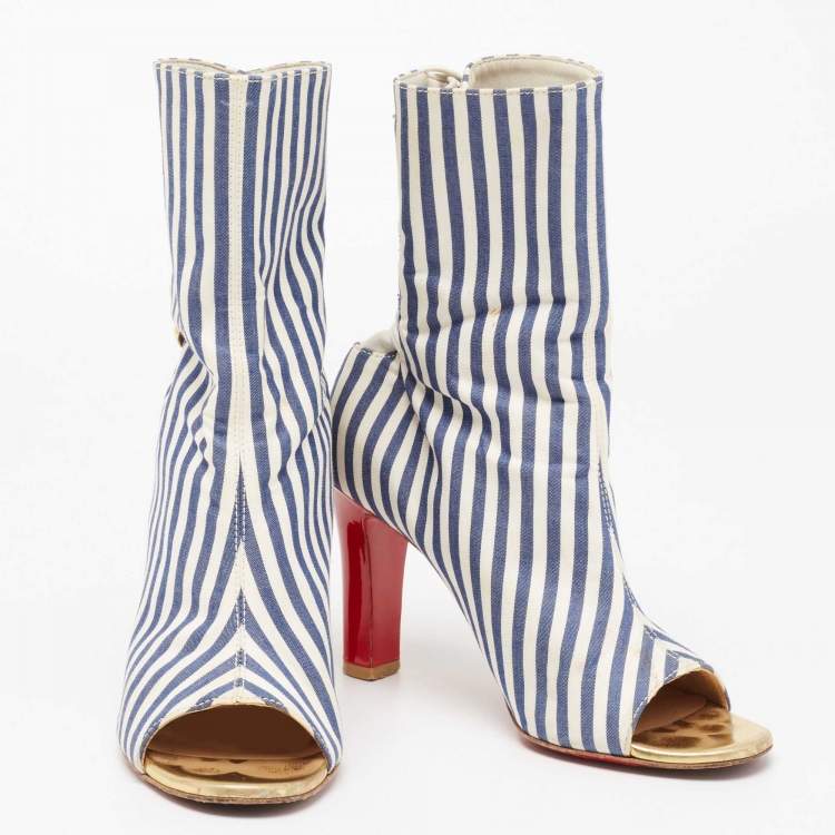 Pre Owned Christian Louboutin Blue/White Stripe Fabric and Leather Peep-Toe Ankle Boots Size 36
