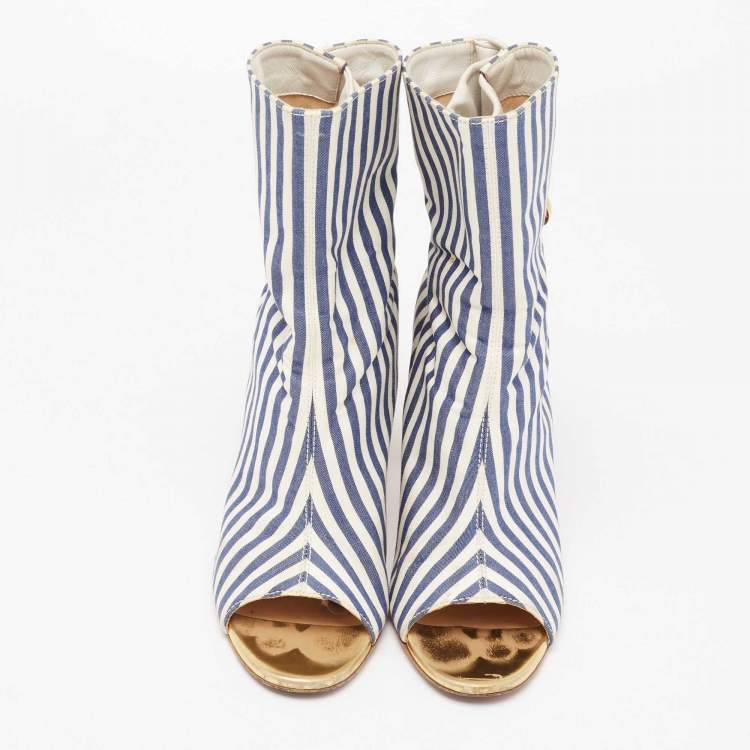 Pre Owned Christian Louboutin Blue/White Stripe Fabric and Leather Peep-Toe Ankle Boots Size 36