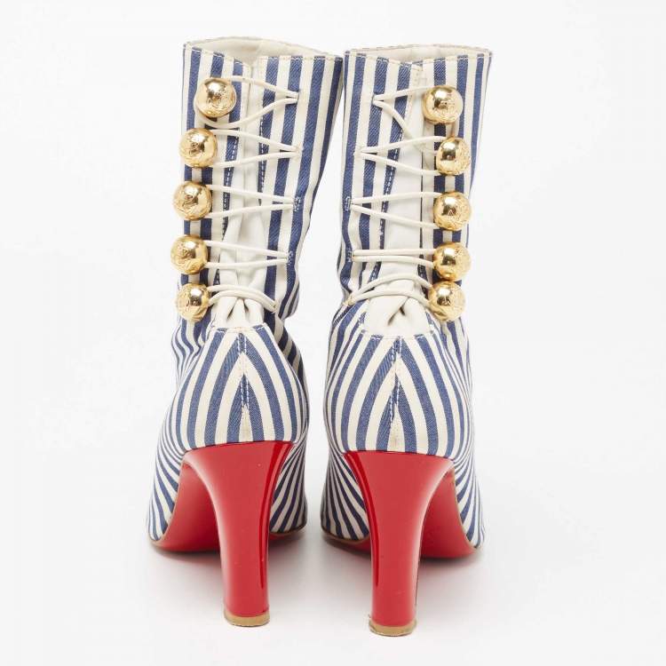 Pre Owned Christian Louboutin Blue/White Stripe Fabric and Leather Peep-Toe Ankle Boots Size 36