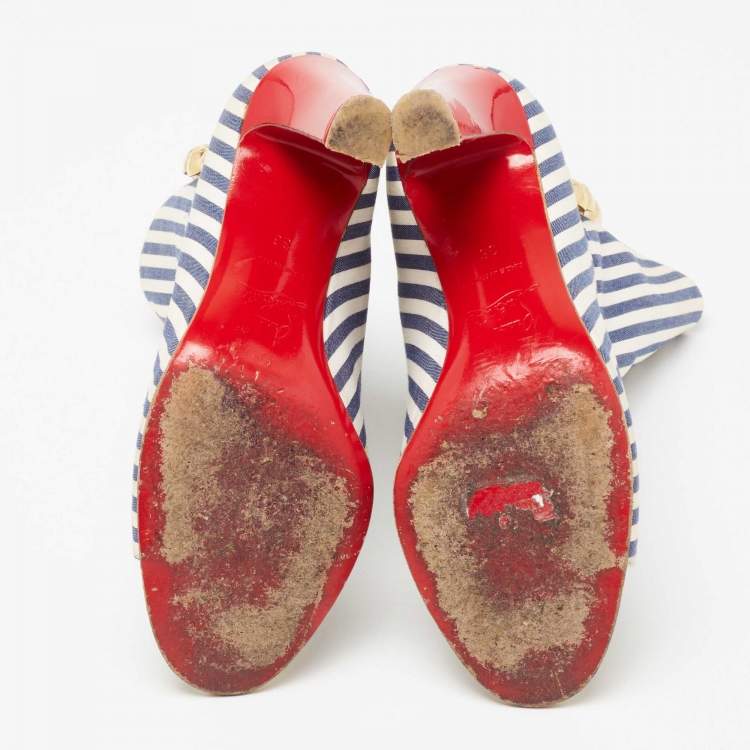 Pre Owned Christian Louboutin Blue/White Stripe Fabric and Leather Peep-Toe Ankle Boots Size 36