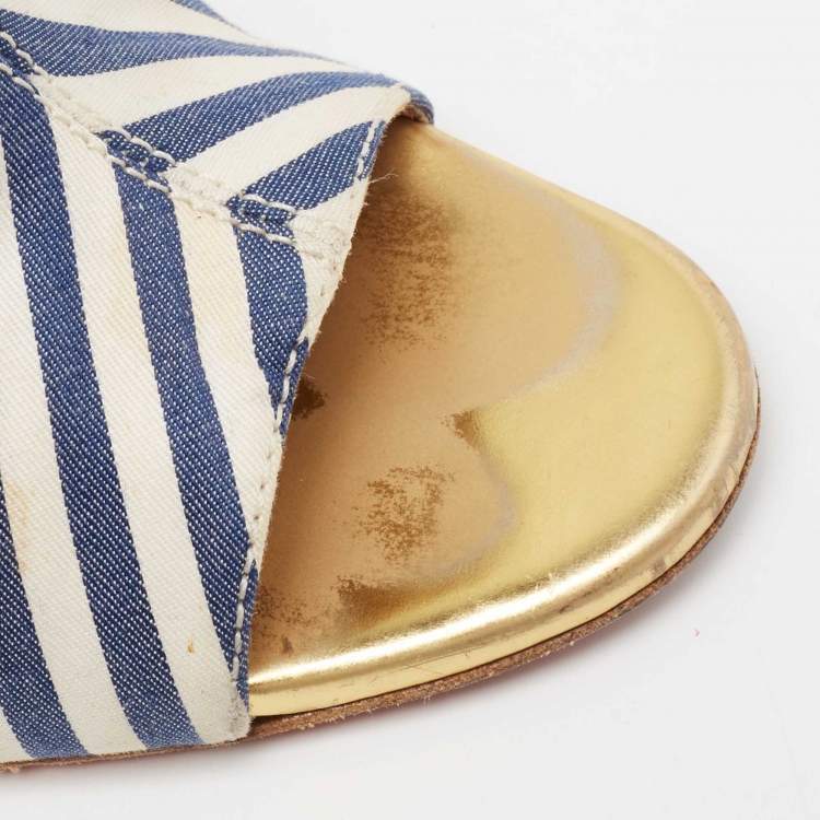 Pre Owned Christian Louboutin Blue/White Stripe Fabric and Leather Peep-Toe Ankle Boots Size 36