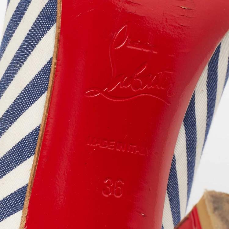 Pre Owned Christian Louboutin Blue/White Stripe Fabric and Leather Peep-Toe Ankle Boots Size 36
