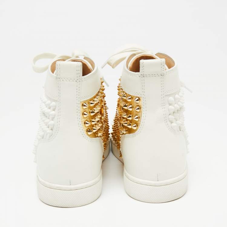 Pre Owned Christian Louboutin Gold/White Leather Louis Spikes High Top Sneakers Size 39.5