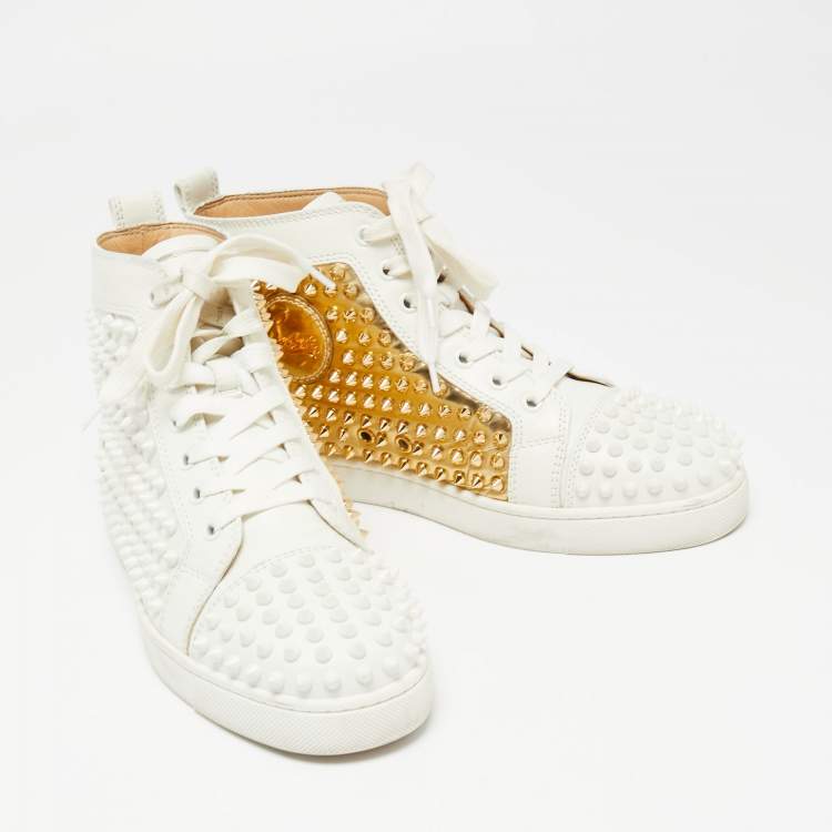 Pre Owned Christian Louboutin Gold/White Leather Louis Spikes High Top Sneakers Size 39.5