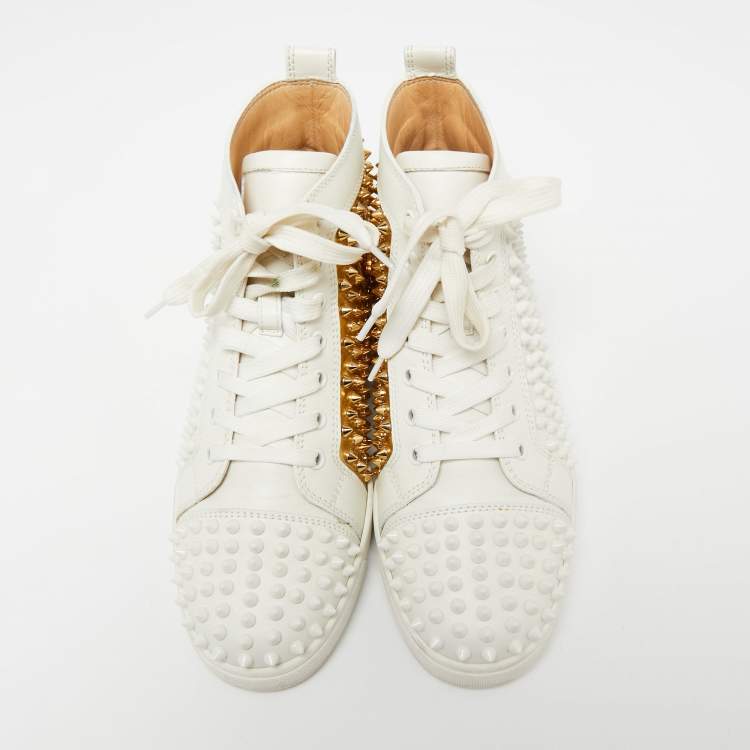 Pre Owned Christian Louboutin Gold/White Leather Louis Spikes High Top Sneakers Size 39.5