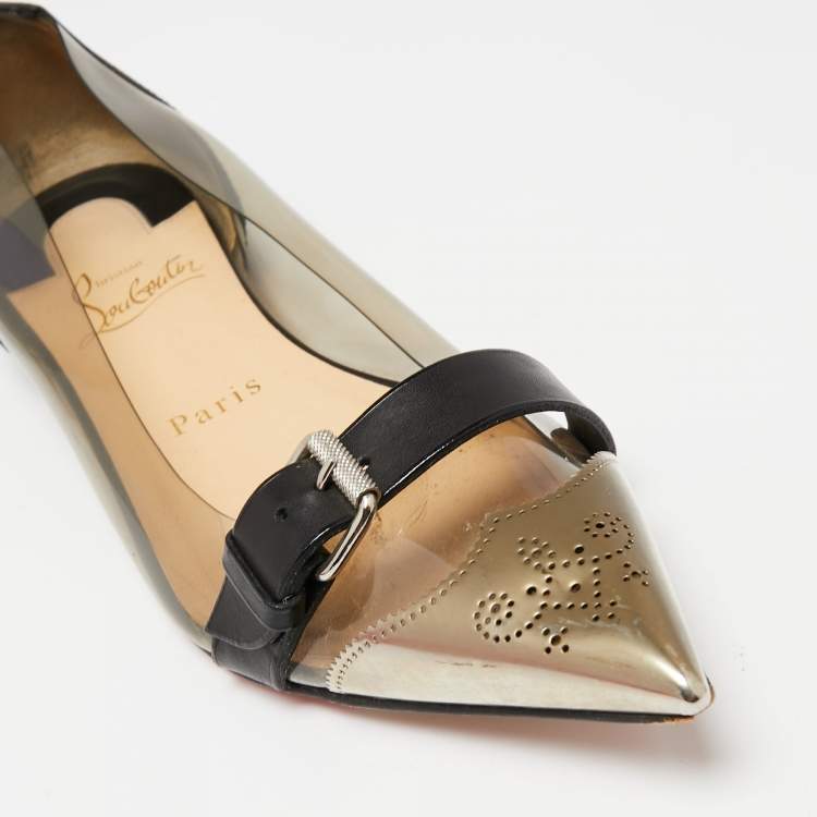 مملوكة مسبقًا Christian Louboutin Black Leather and PVC Metal Pointed-Toe Ballet Flats Size 36.5