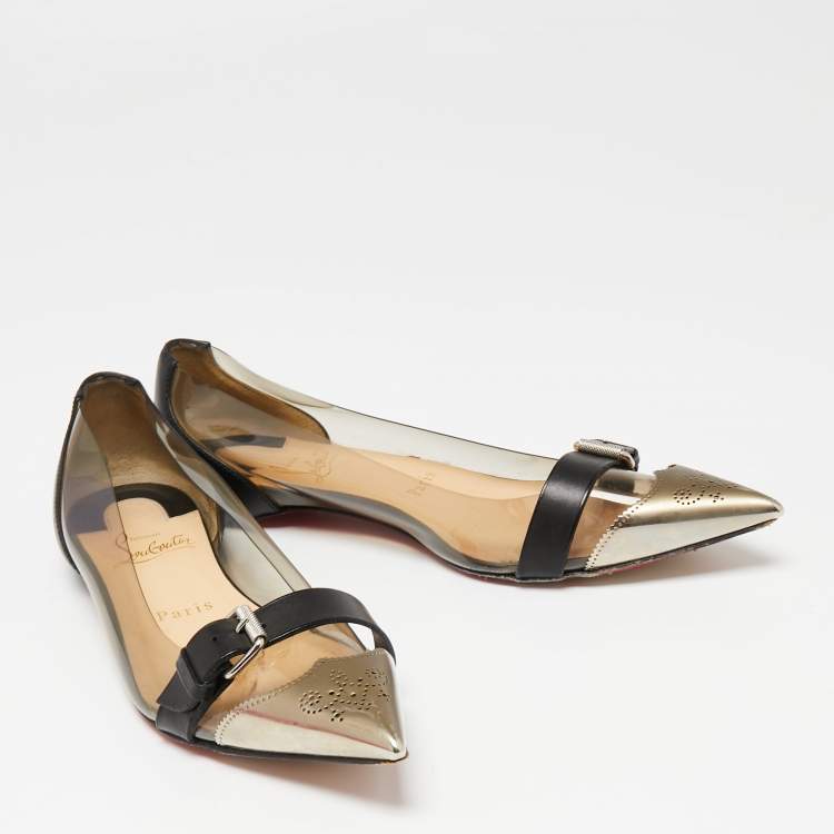 مملوكة مسبقًا Christian Louboutin Black Leather and PVC Metal Pointed-Toe Ballet Flats Size 36.5