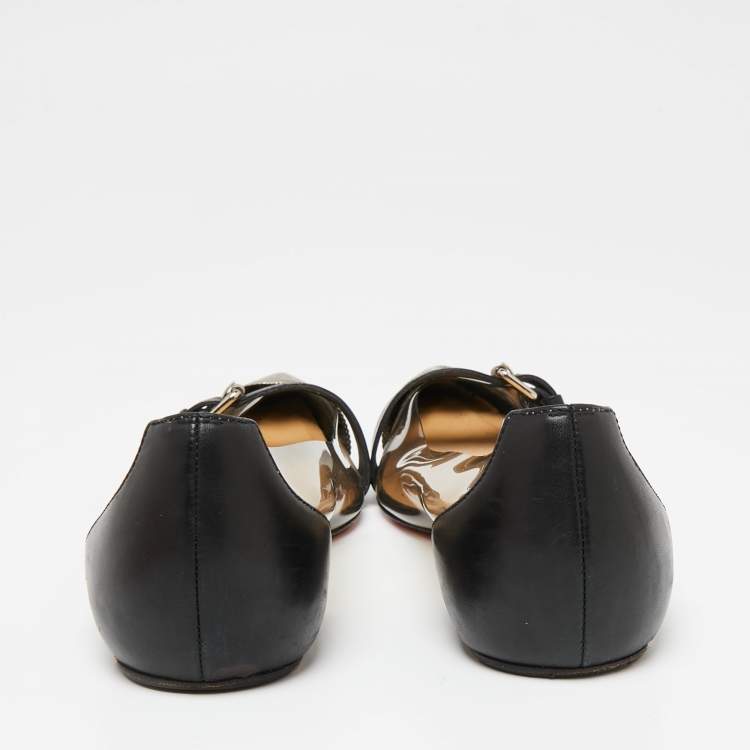 مملوكة مسبقًا Christian Louboutin Black Leather and PVC Metal Pointed-Toe Ballet Flats Size 36.5