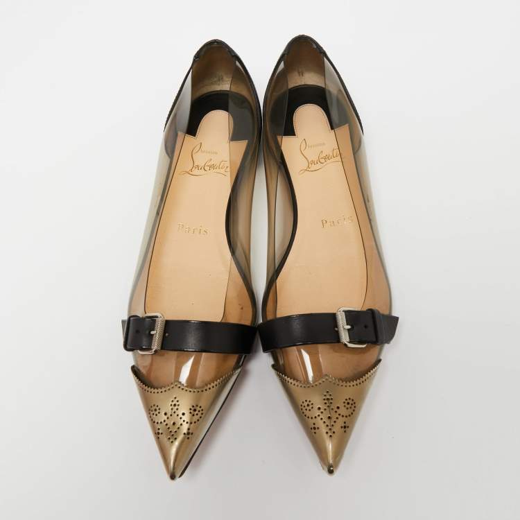 مملوكة مسبقًا Christian Louboutin Black Leather and PVC Metal Pointed-Toe Ballet Flats Size 36.5